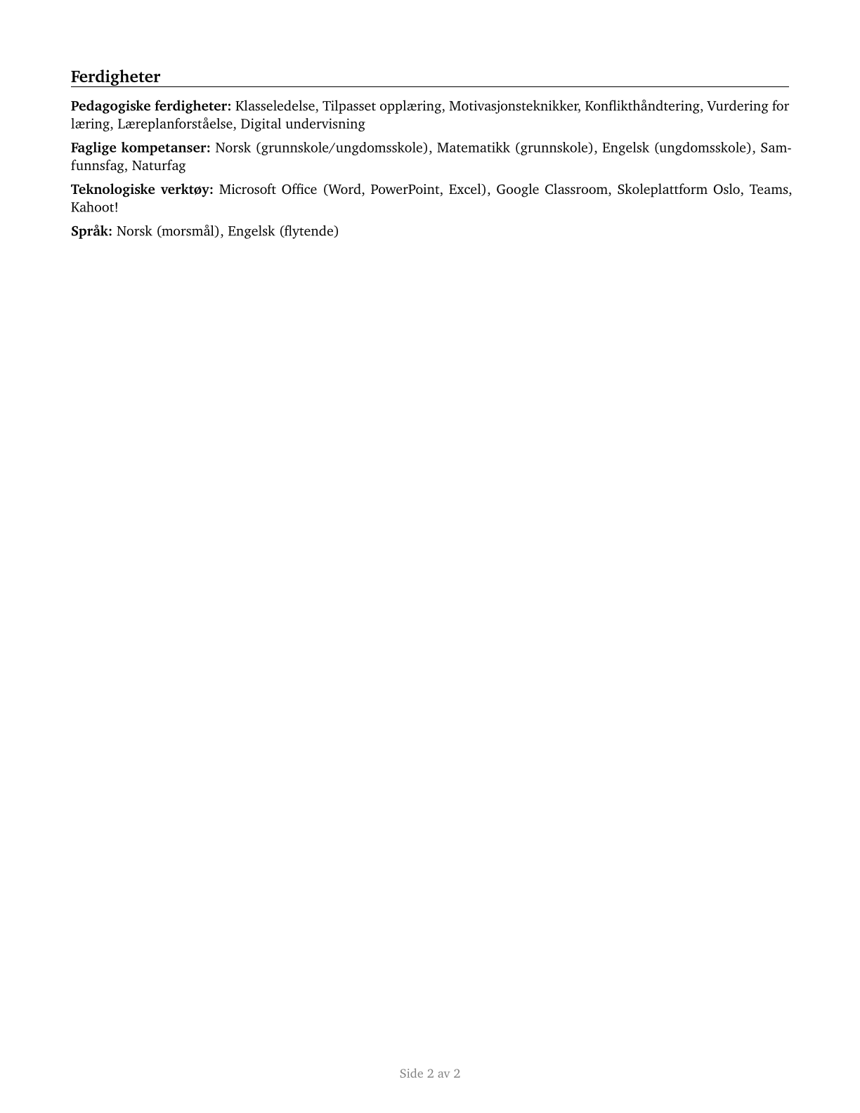 Substitute Teachers, Short-Term CV in Norwegian_bokmal — page 2