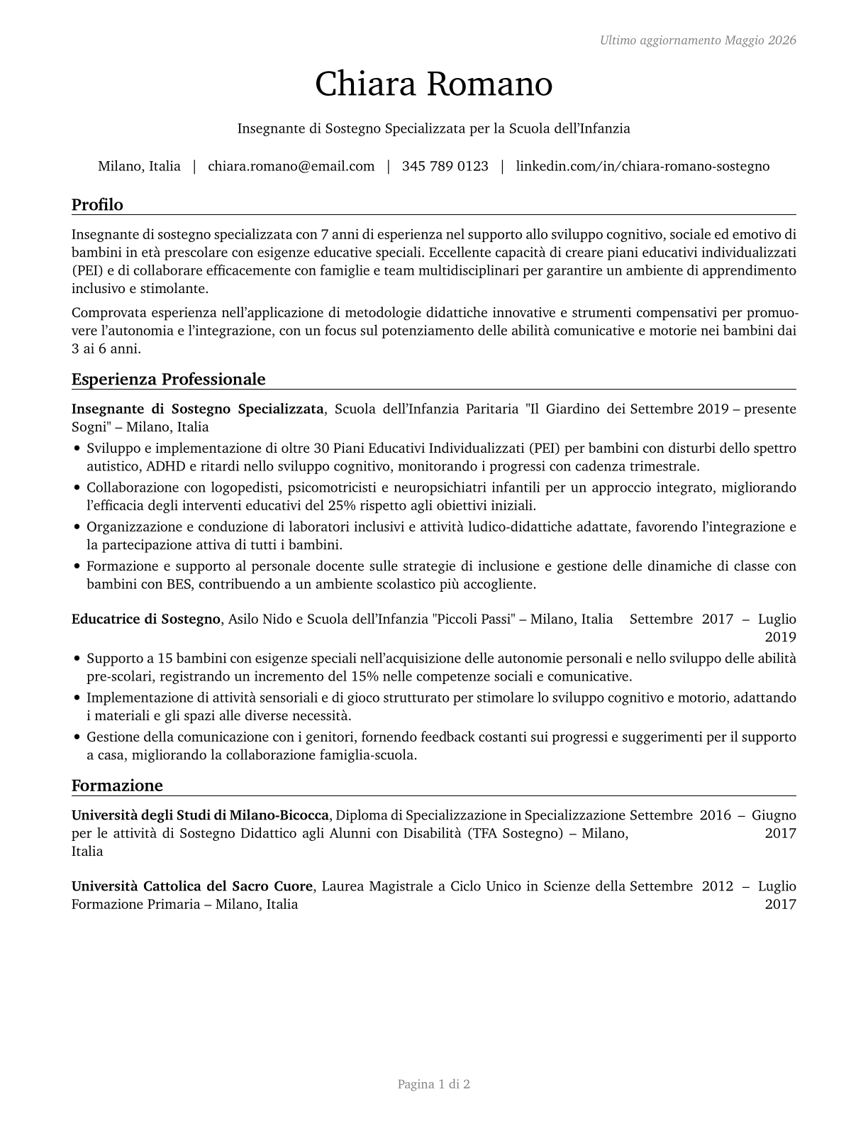 Special Education Teachers, Preschool CV in Italian — page 1