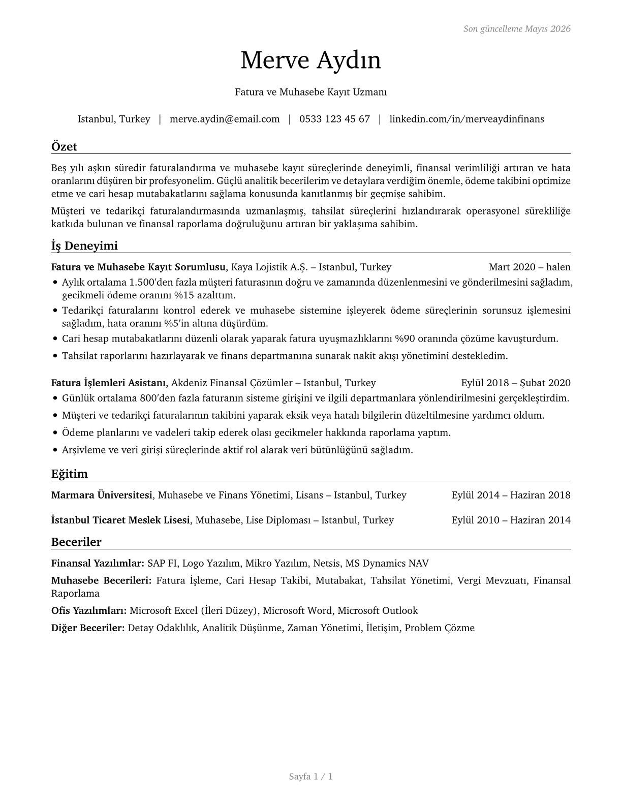 Billing and Posting Clerks CV in Turkish — page 1