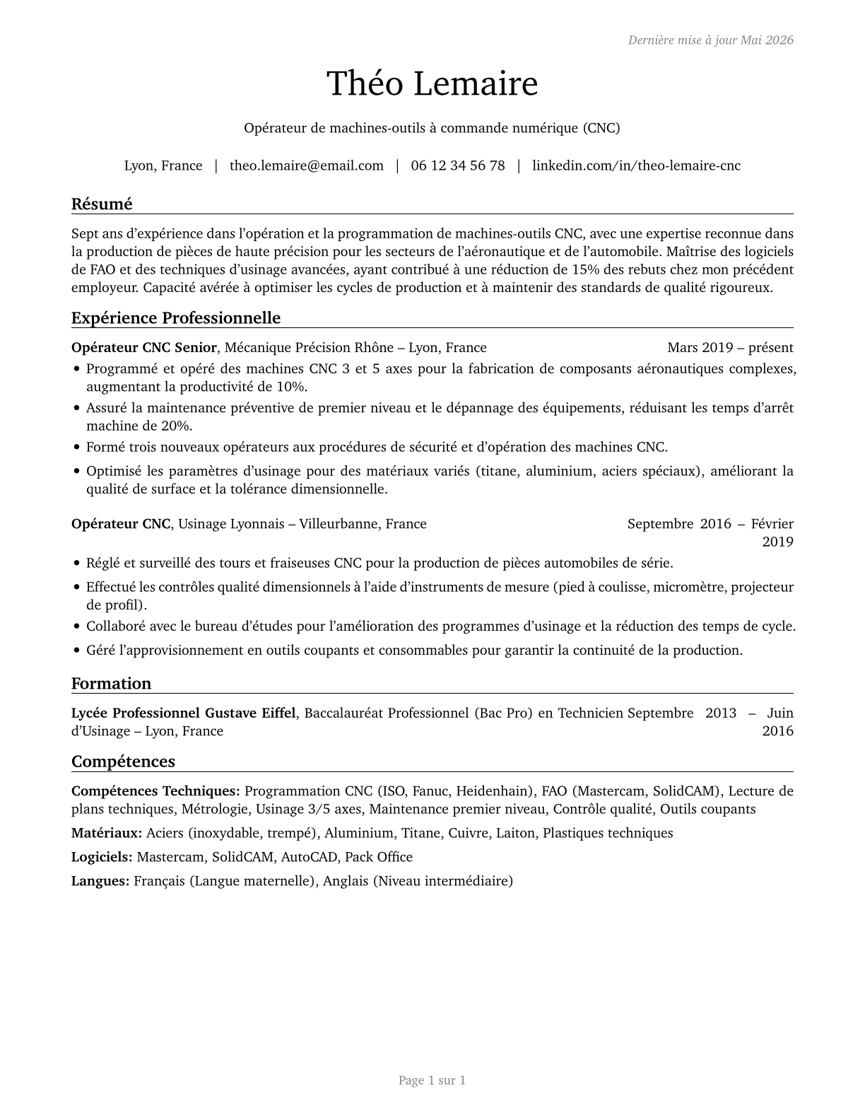 Computer Numerically Controlled Tool Operators CV in French — page 1