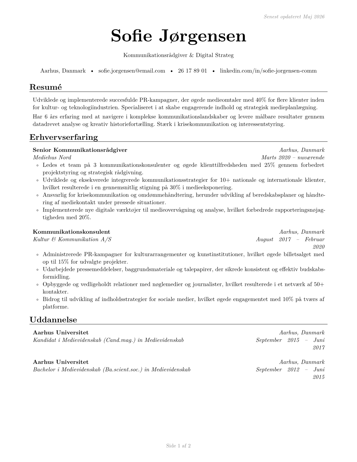 Media and Communication Workers, All Other CV in Danish — page 1