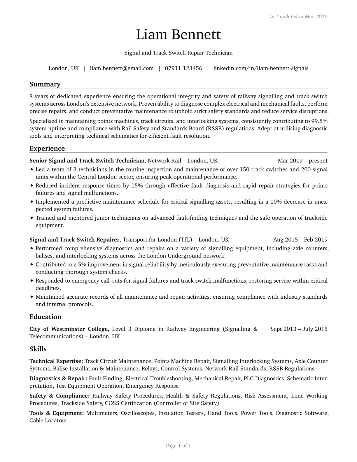 Signal and Track Switch Repairers CV in English — page 1