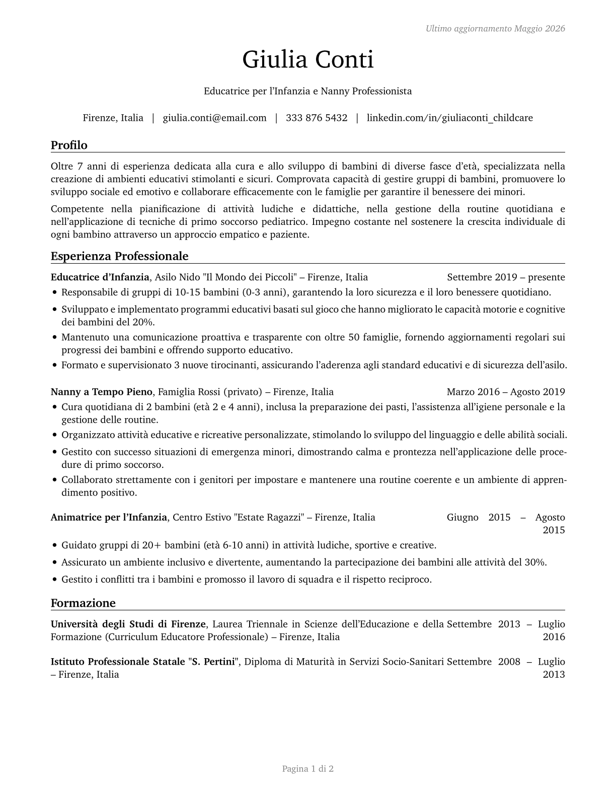 Childcare Workers CV in Italian — page 1