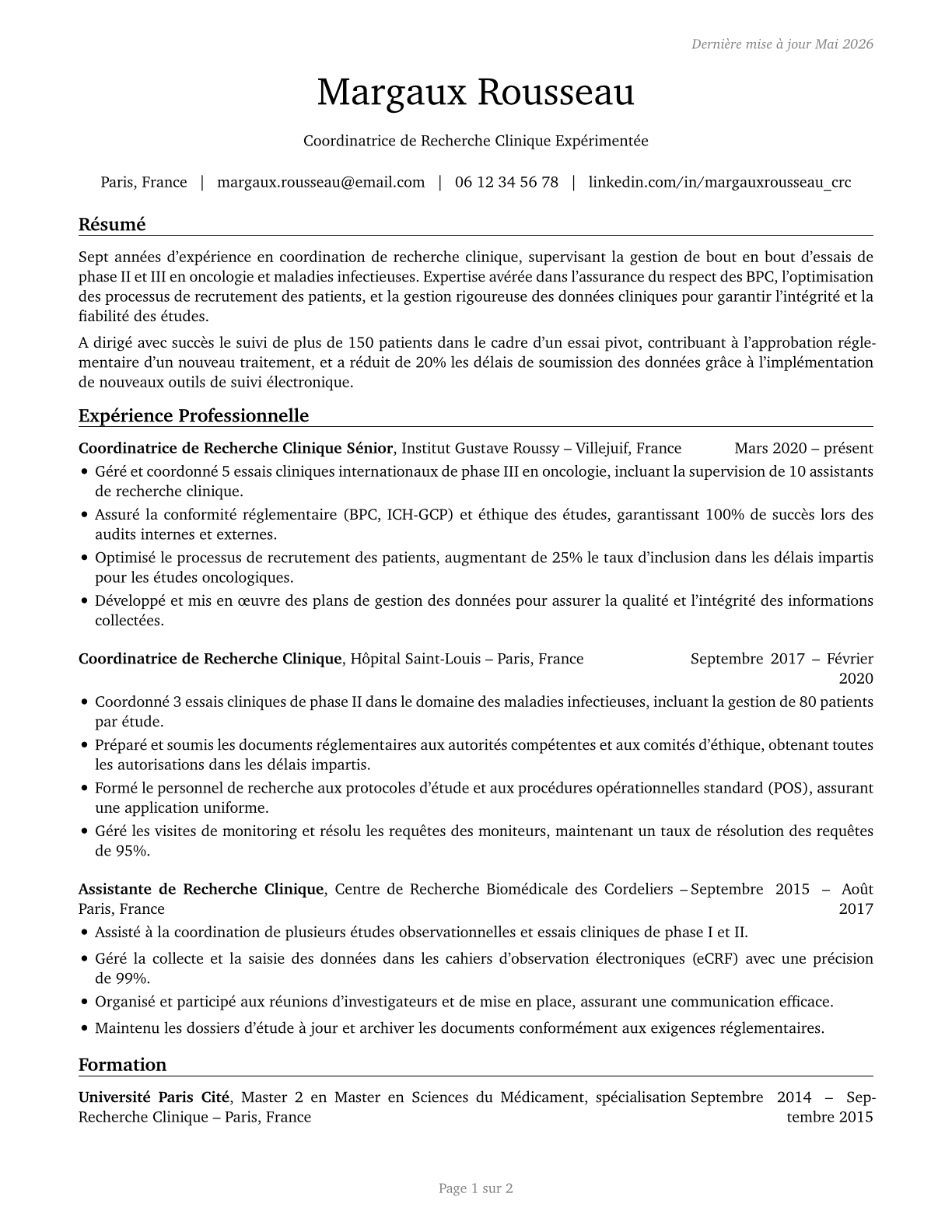 Clinical Research Coordinators CV in French — page 1