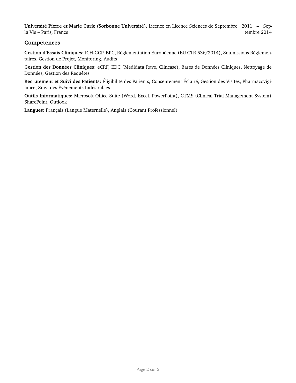 Clinical Research Coordinators CV in French — page 2