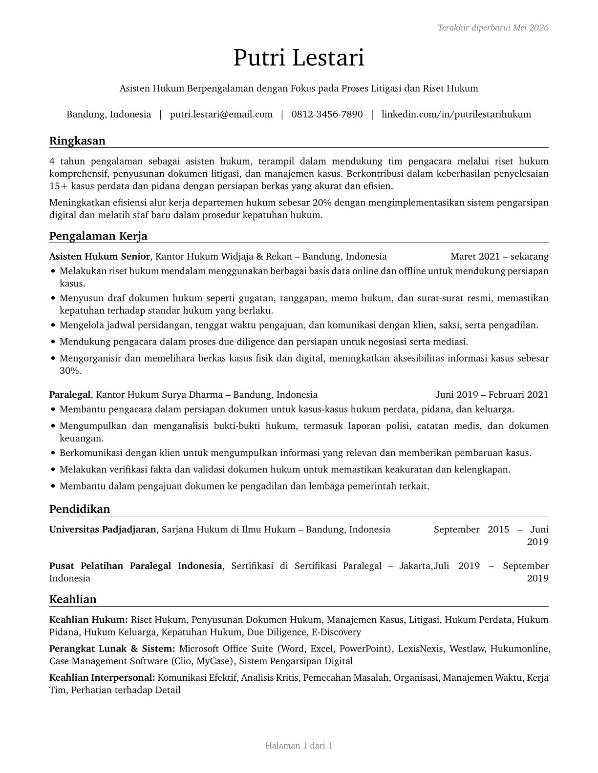 Paralegals and Legal Assistants CV in Indonesian — page 1
