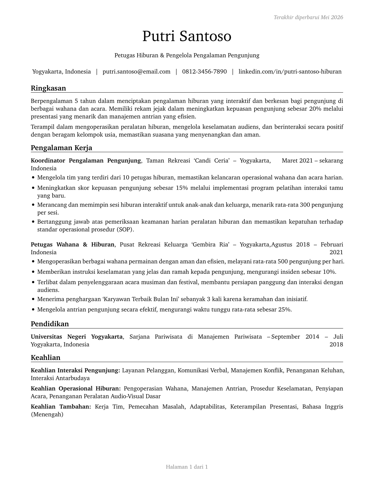 Entertainment Attendants and Related Workers, All Other CV in Indonesian — page 1