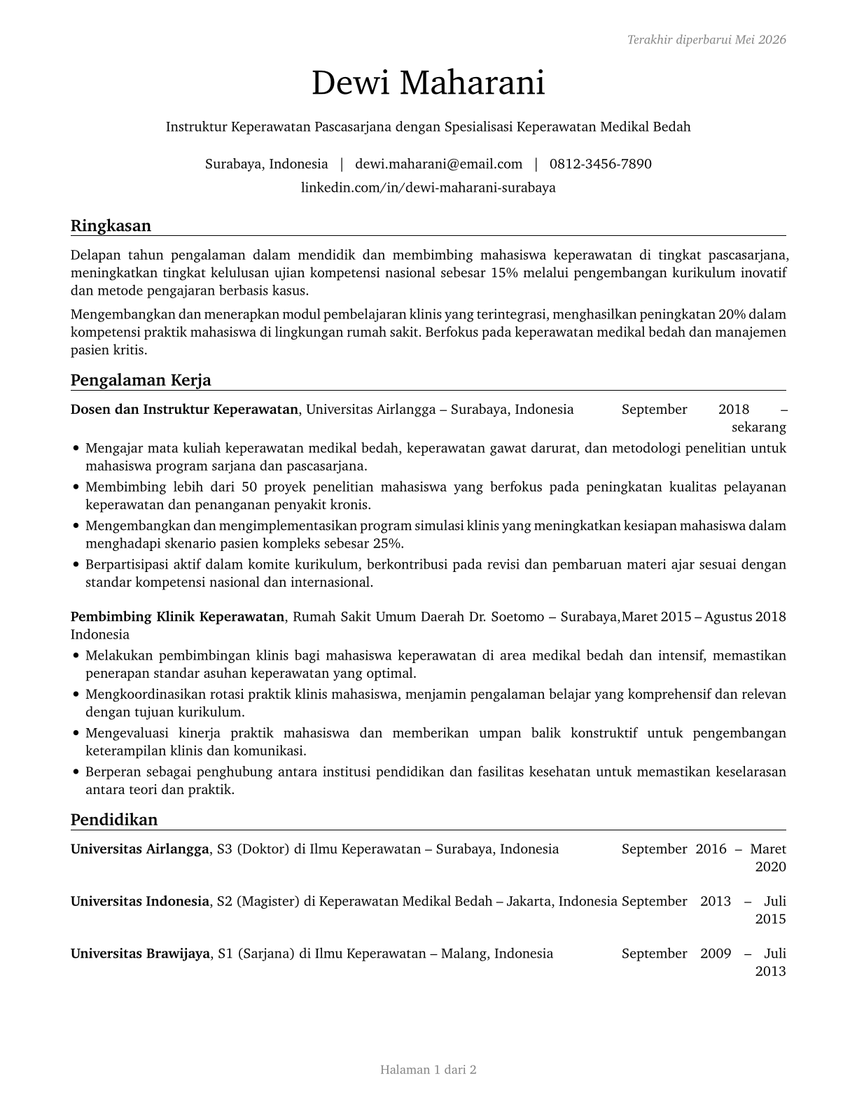 Nursing Instructors and Teachers, Postsecondary CV in Indonesian — page 1