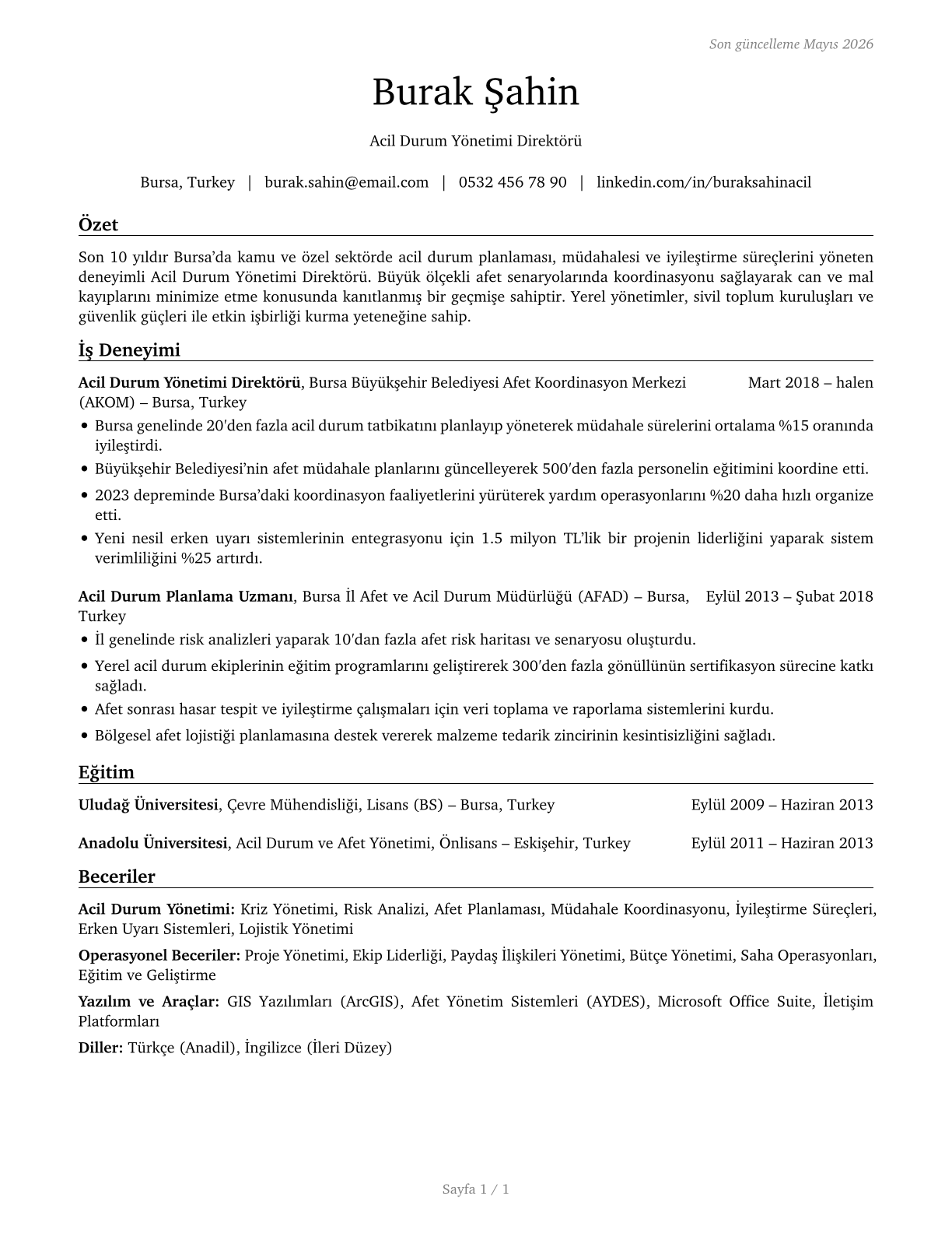 Emergency Management Directors CV in Turkish — page 1