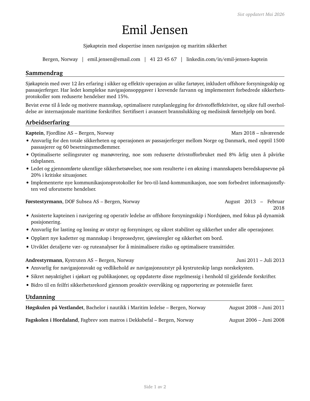Captains, Mates, and Pilots of Water Vessels CV in Norwegian_bokmal — page 1