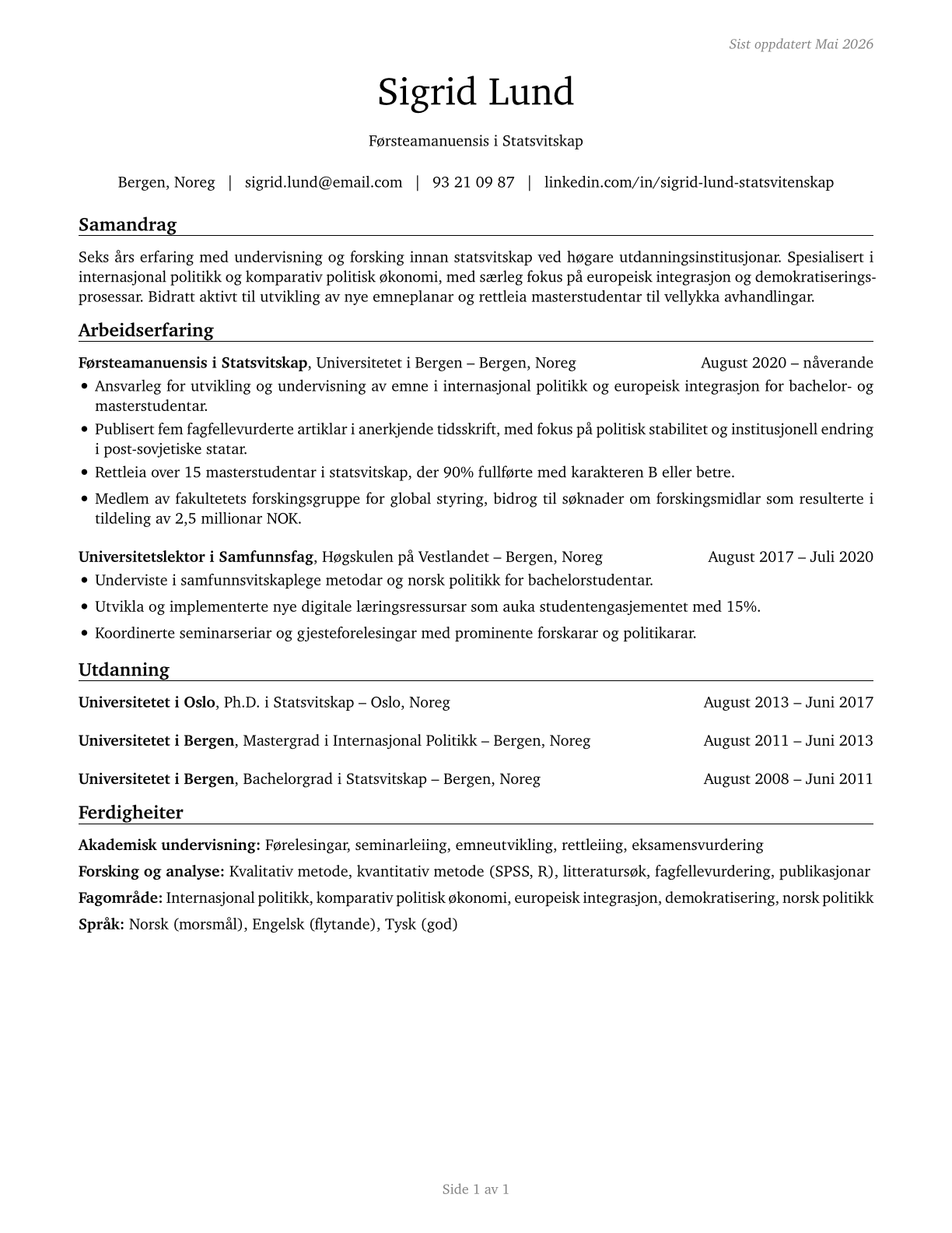 Political Science Teachers, Postsecondary CV in Norwegian_nynorsk — page 1