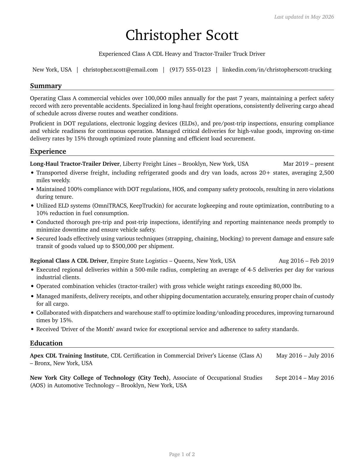 Heavy and Tractor-Trailer Truck Drivers CV in English — page 1