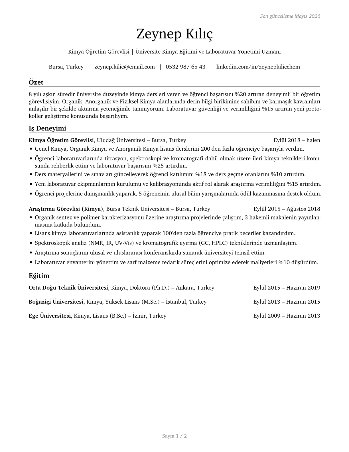 Chemistry Teachers, Postsecondary CV in Turkish — page 1