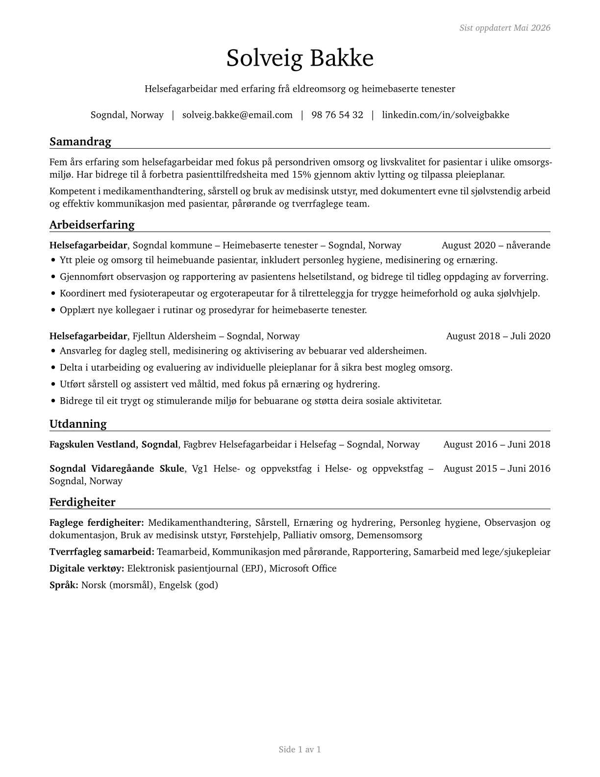 Nursing Assistants CV in Norwegian_nynorsk — page 1