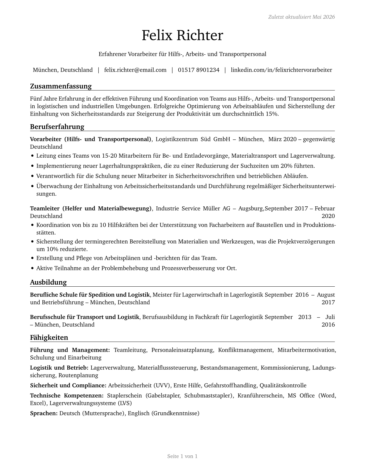 First-Line Supervisors of Helpers, Laborers, and Material Movers, Hand CV in German — page 1