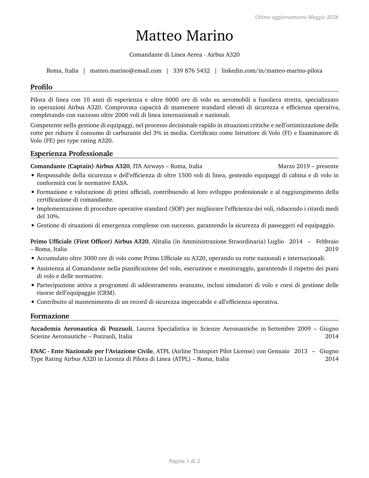 Airline Pilots, Copilots, and Flight Engineers CV in Italian — page 1
