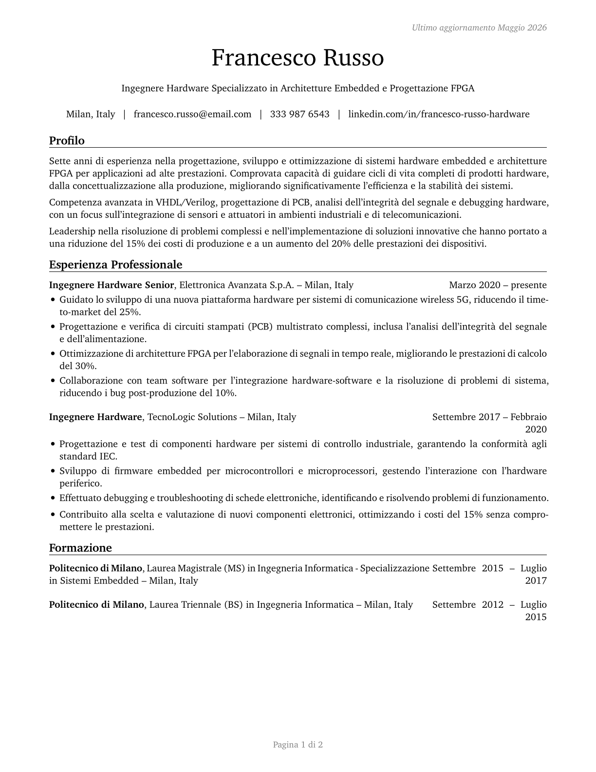Computer Hardware Engineers CV in Italian — page 1
