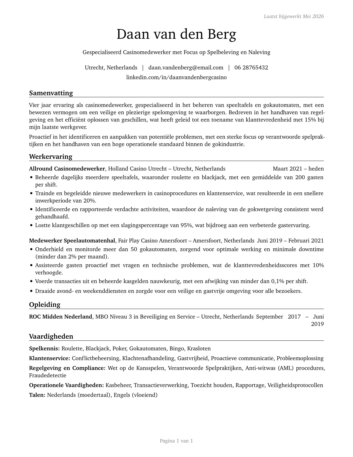 Gambling Service Workers, All Other CV in Dutch — page 1