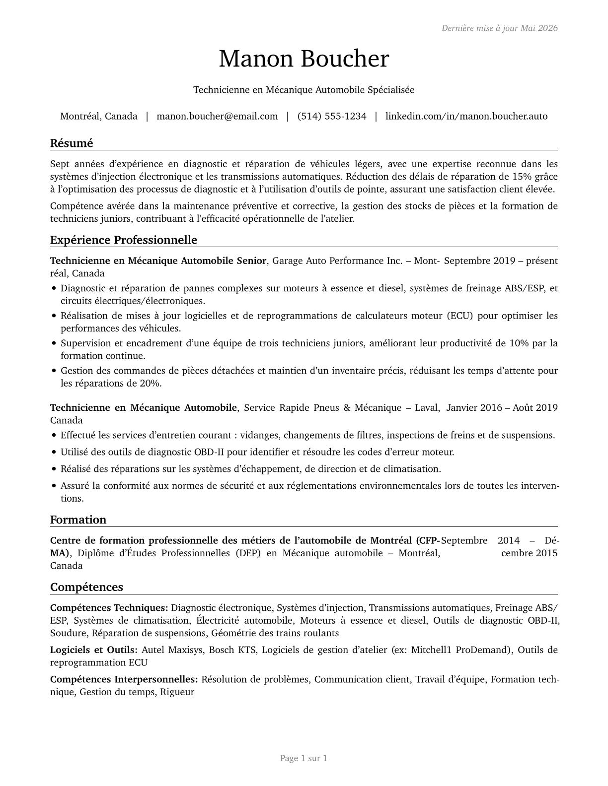 Automotive Service Technicians and Mechanics CV in French — page 1