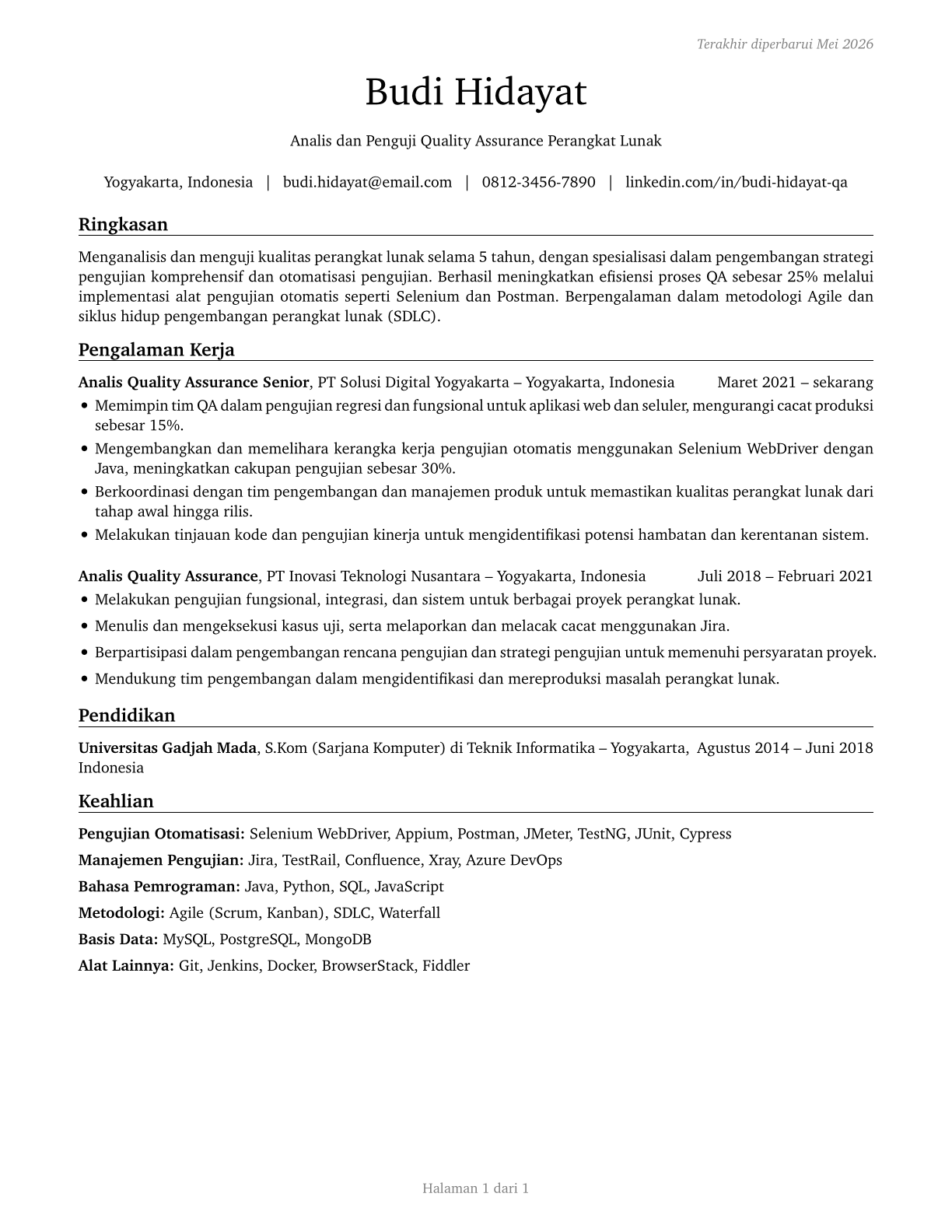 Software Quality Assurance Analysts and Testers CV in Indonesian — page 1