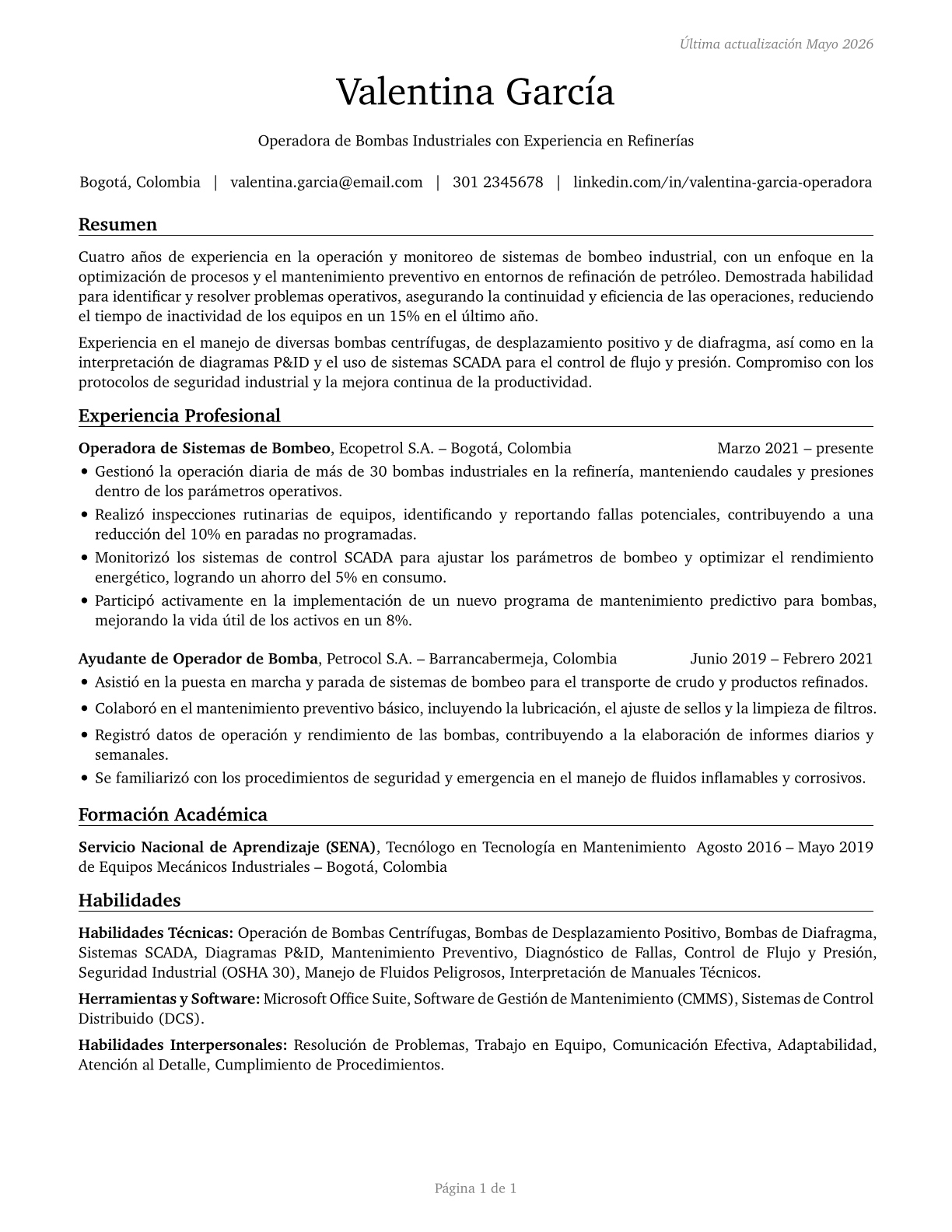 Pump Operators, Except Wellhead Pumpers CV in Spanish — page 1