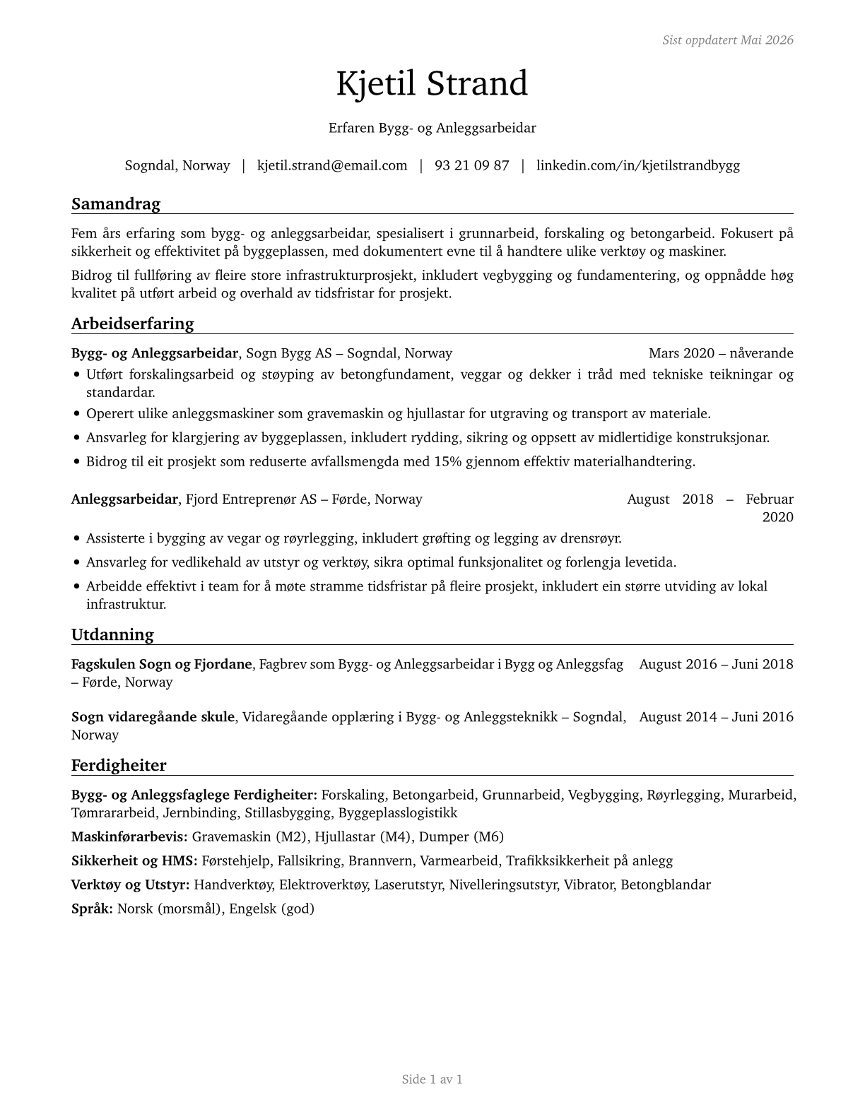 Construction Laborers CV in Norwegian_nynorsk — page 1