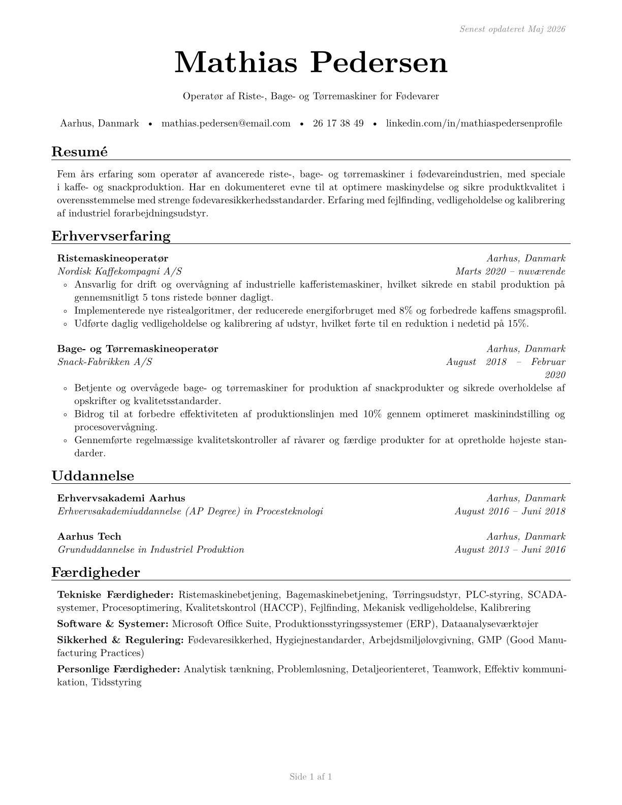 Food and Tobacco Roasting, Baking, and Drying Machine Operators and Tenders CV in Danish — page 1
