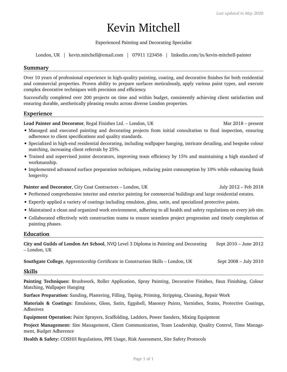 Painting, Coating, and Decorating Workers CV in English — page 1