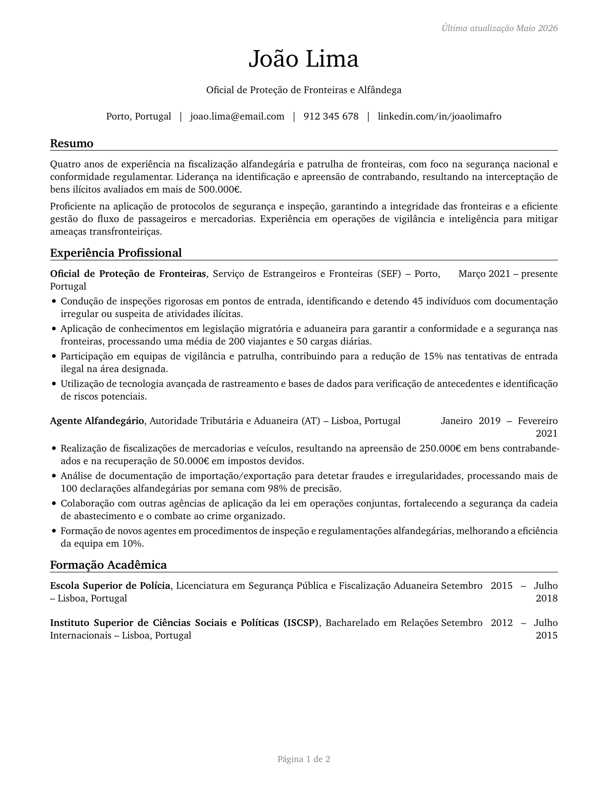 Customs and Border Protection Officers CV in Portuguese — page 1