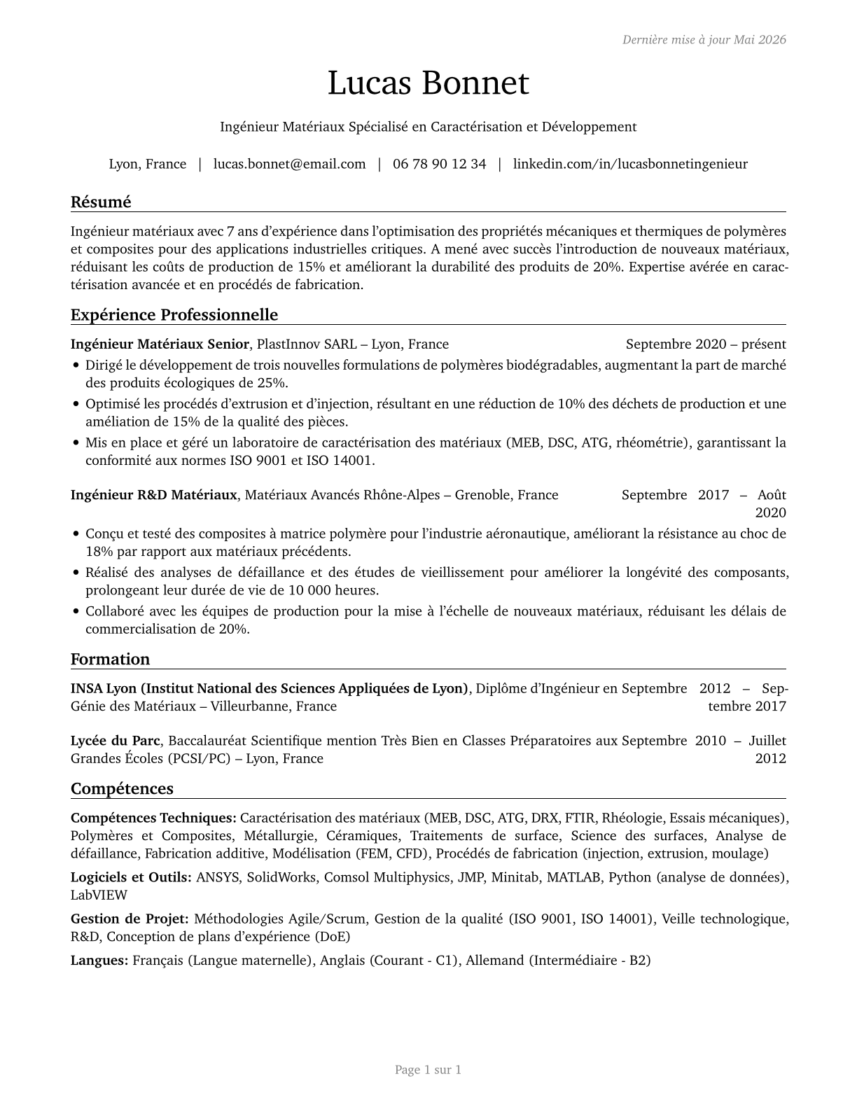 Materials Engineers CV in French — page 1