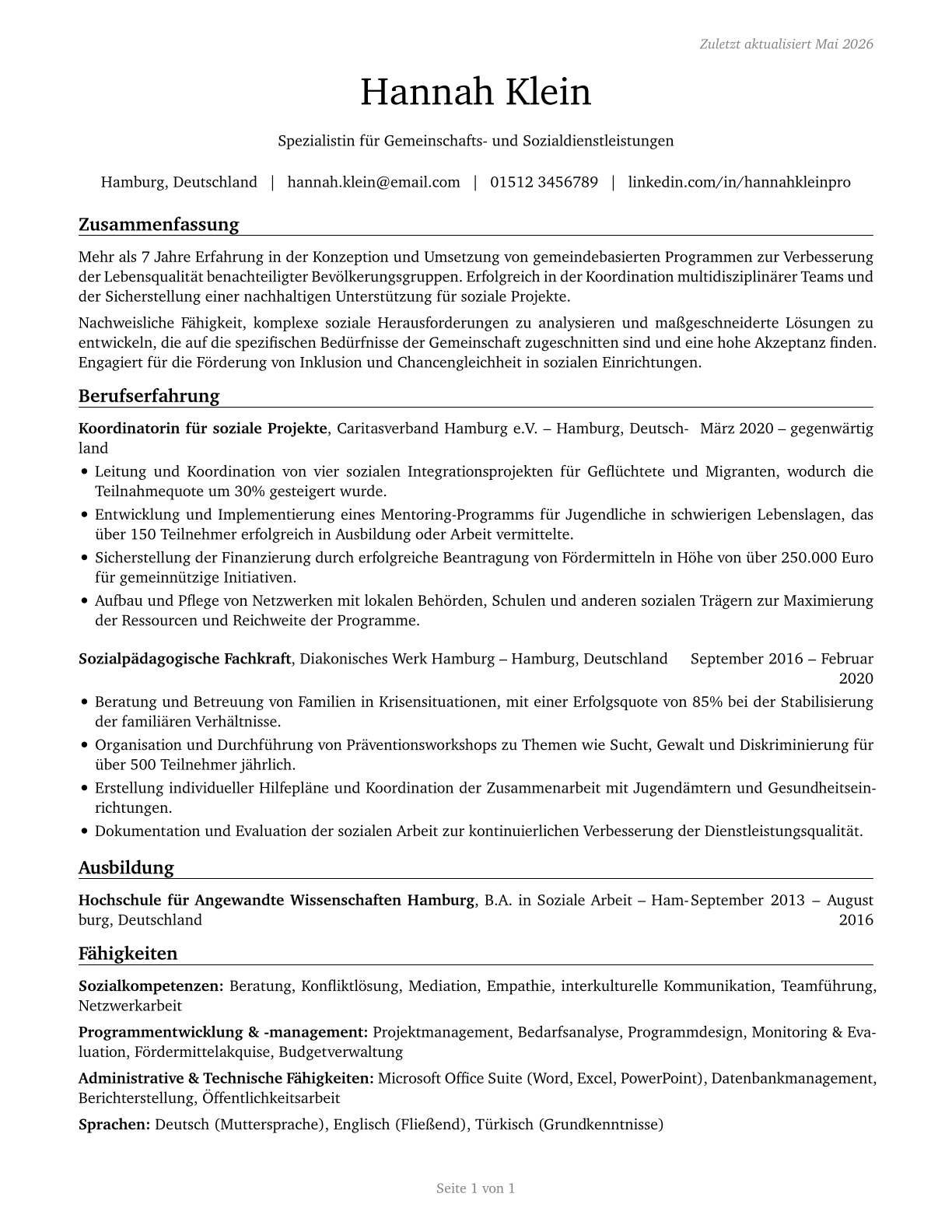 Community and Social Service Specialists, All Other CV in German — page 1