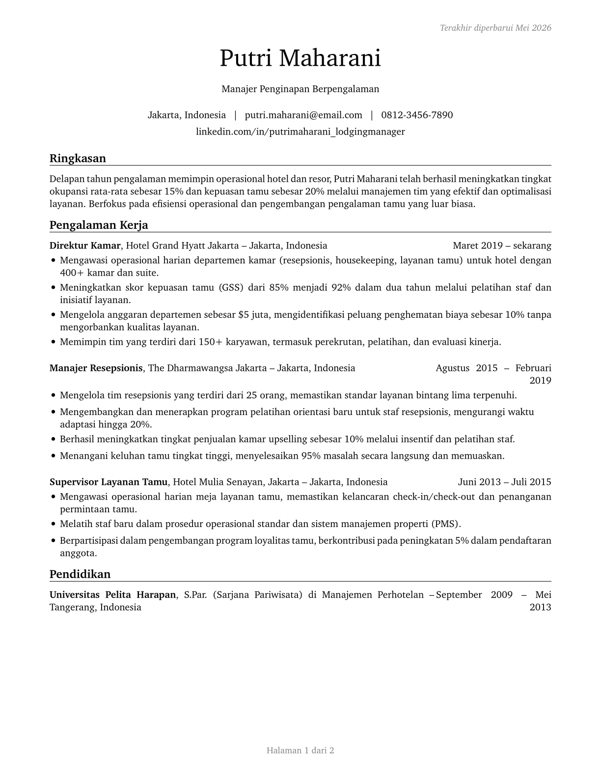 Lodging Managers CV in Indonesian — page 1