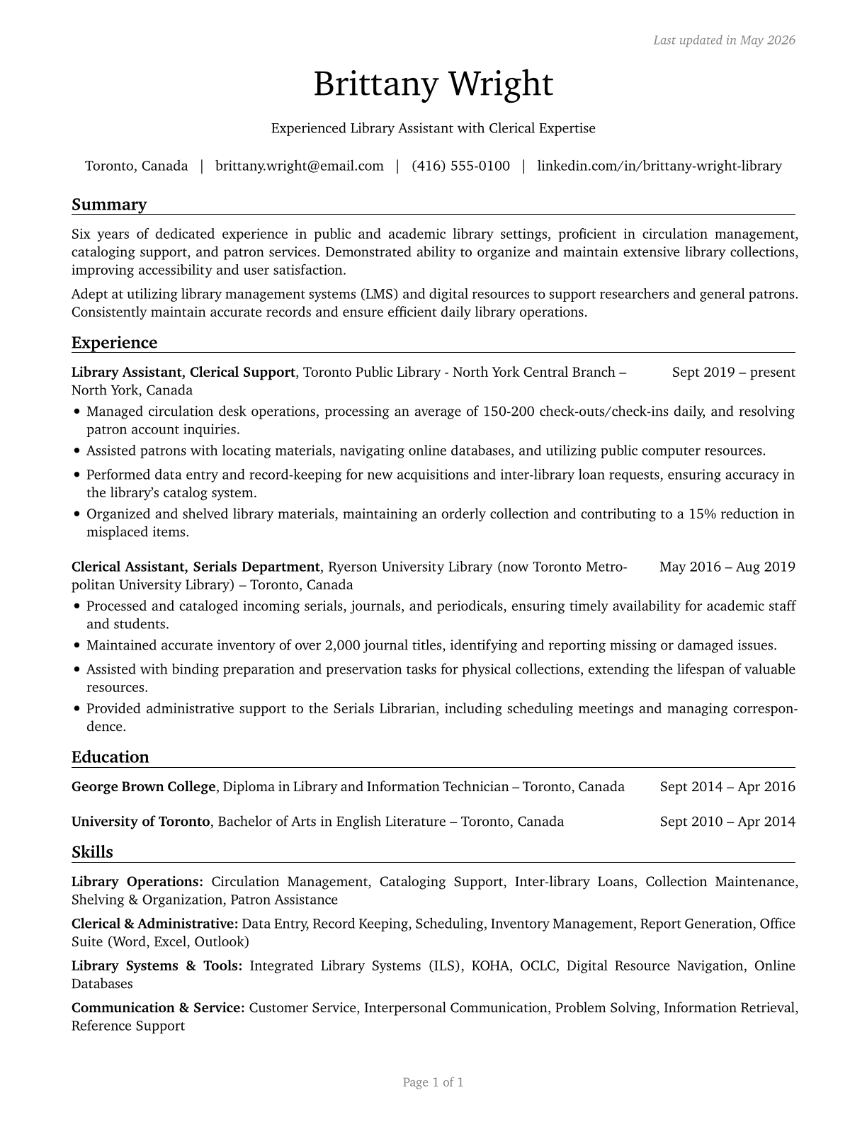 Library Assistants, Clerical CV in English — page 1