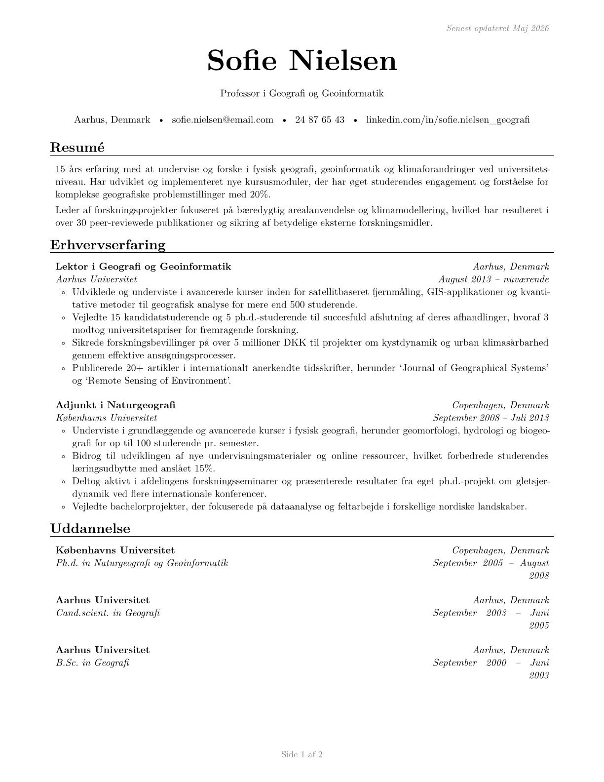 Geography Teachers, Postsecondary CV in Danish — page 1