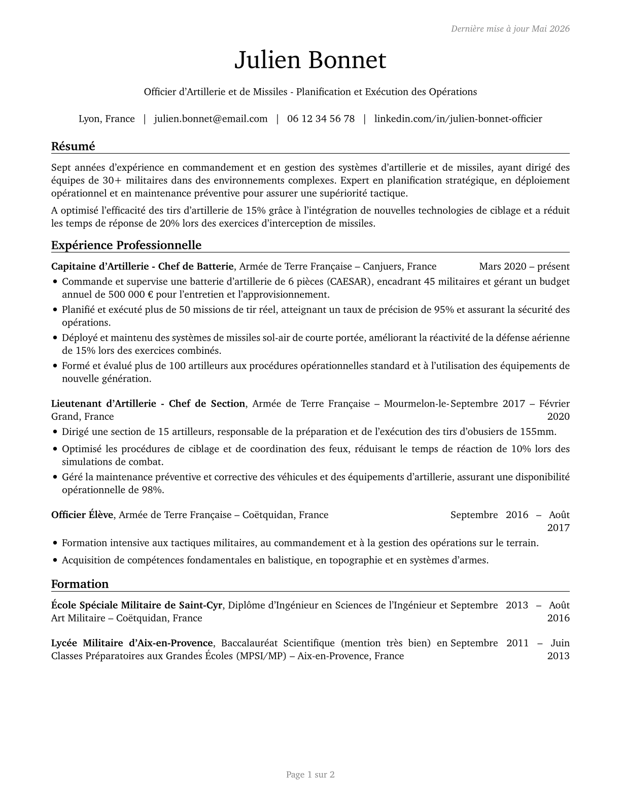 Artillery and Missile Officers CV in French — page 1