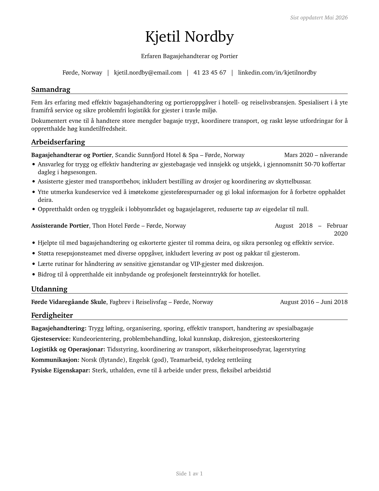 Baggage Porters and Bellhops CV in Norwegian_nynorsk — page 1