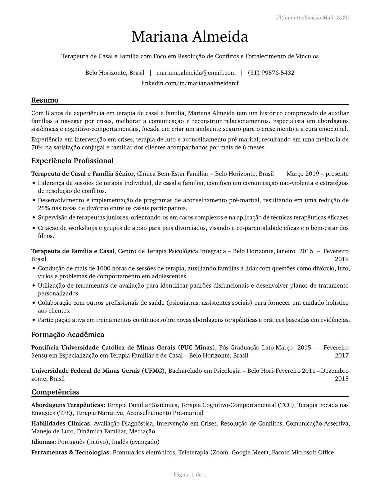 Marriage and Family Therapists CV in Portuguese — page 1