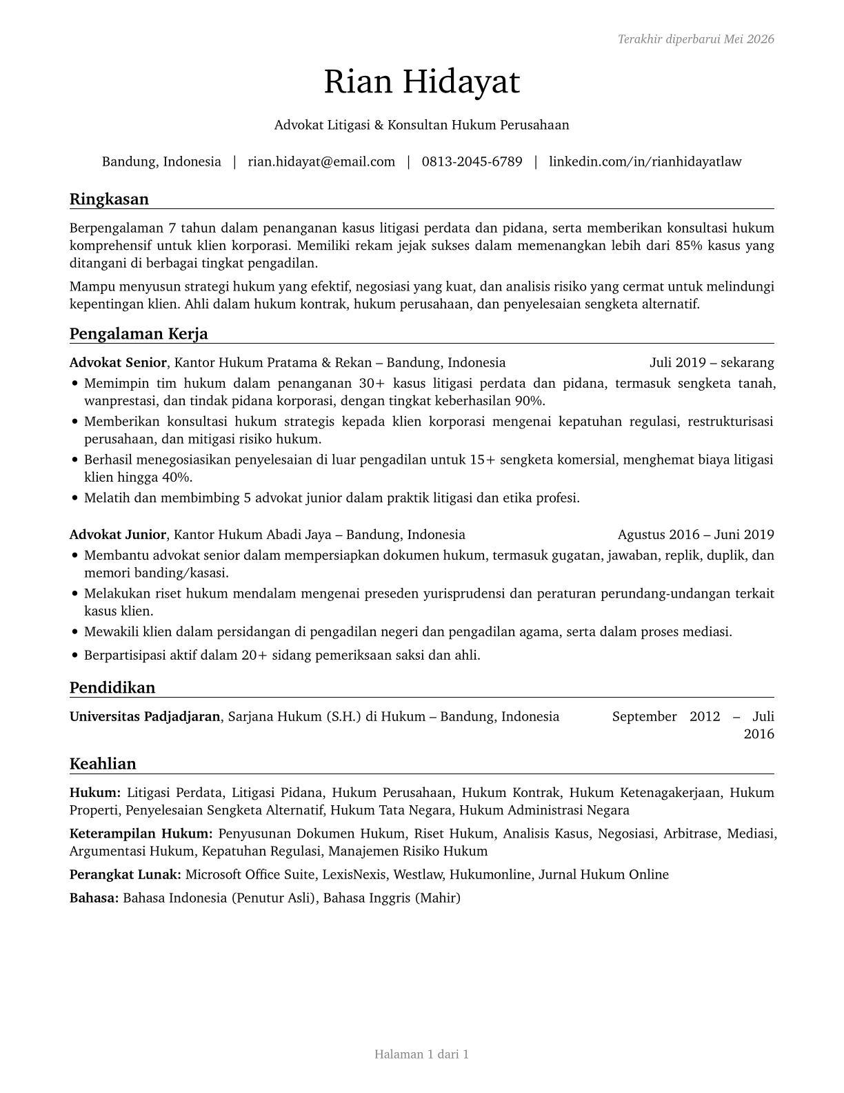 Lawyers CV in Indonesian — page 1