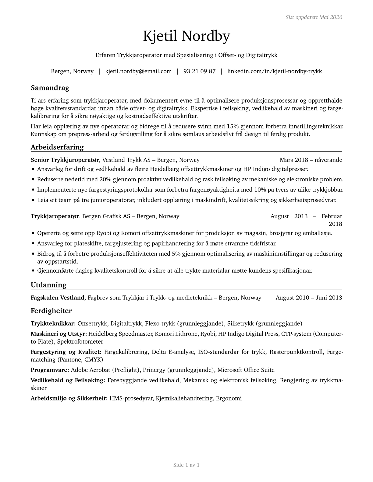 Printing Press Operators CV in Norwegian_nynorsk — page 1