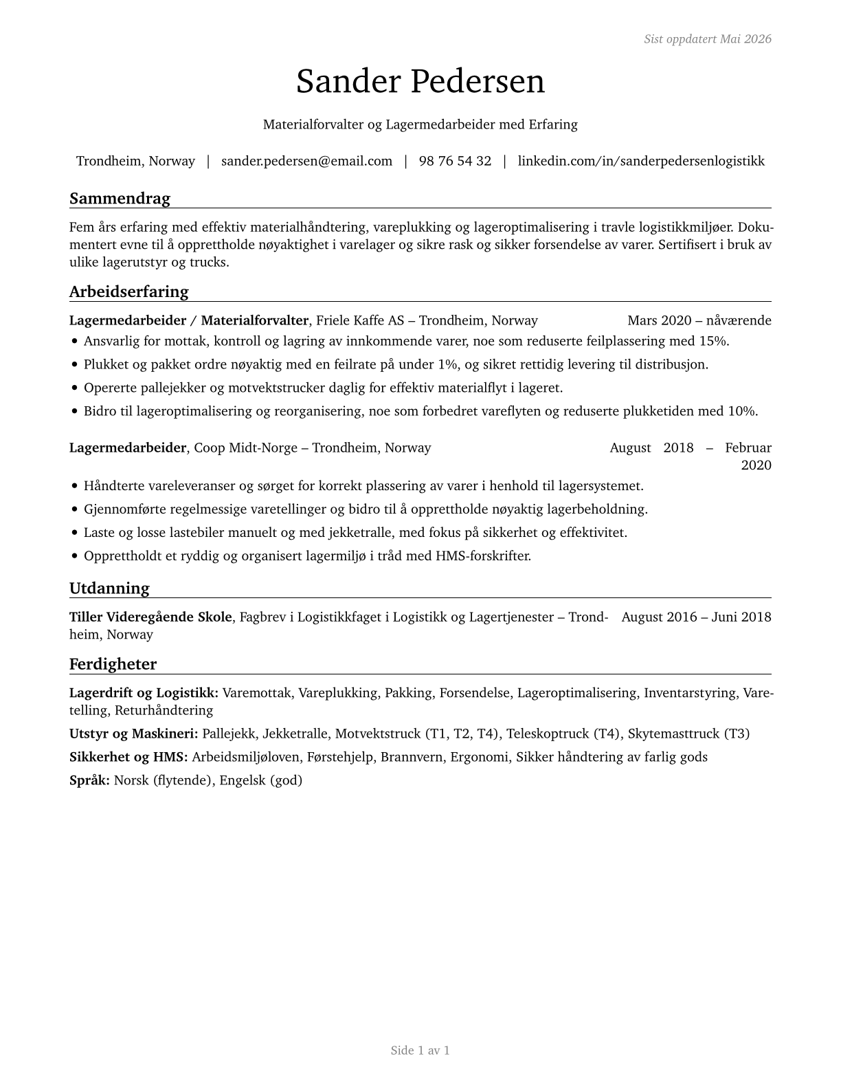 Laborers and Freight, Stock, and Material Movers, Hand CV in Norwegian_bokmal — page 1