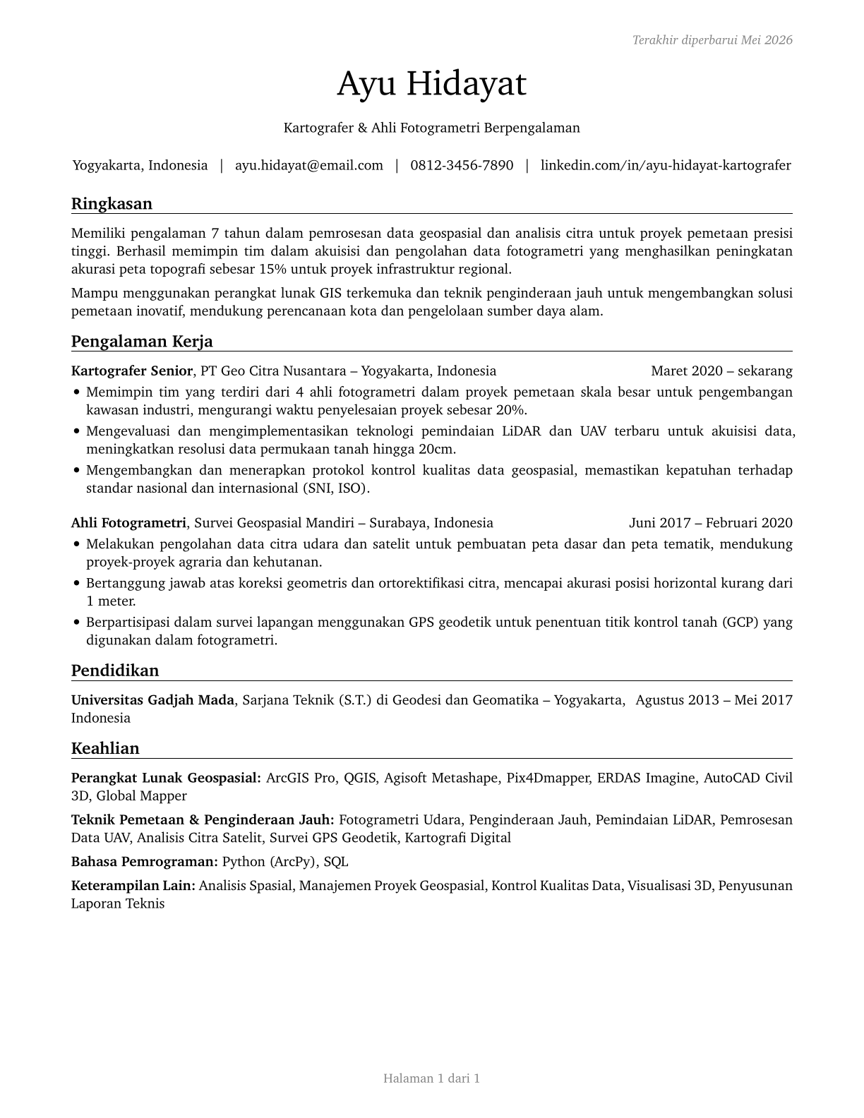 Cartographers and Photogrammetrists CV in Indonesian — page 1
