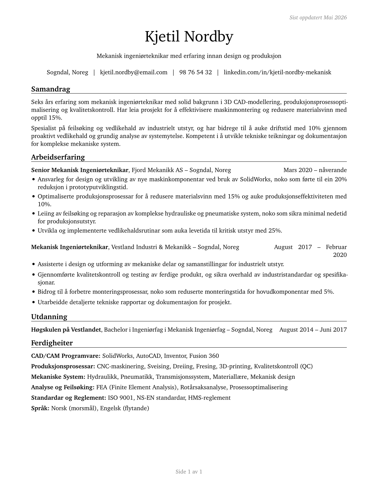 Mechanical Engineering Technologists and Technicians CV in Norwegian_nynorsk — page 1