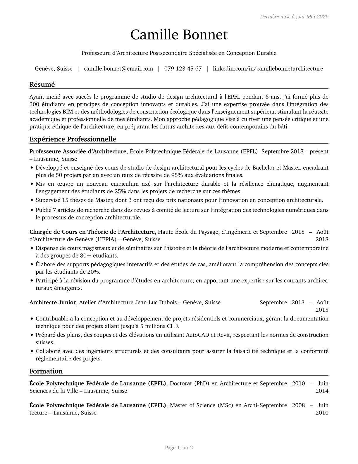 Architecture Teachers, Postsecondary CV in French — page 1
