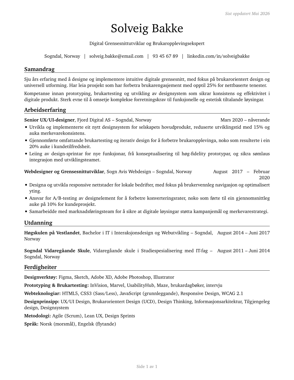 Web and Digital Interface Designers CV in Norwegian_nynorsk — page 1