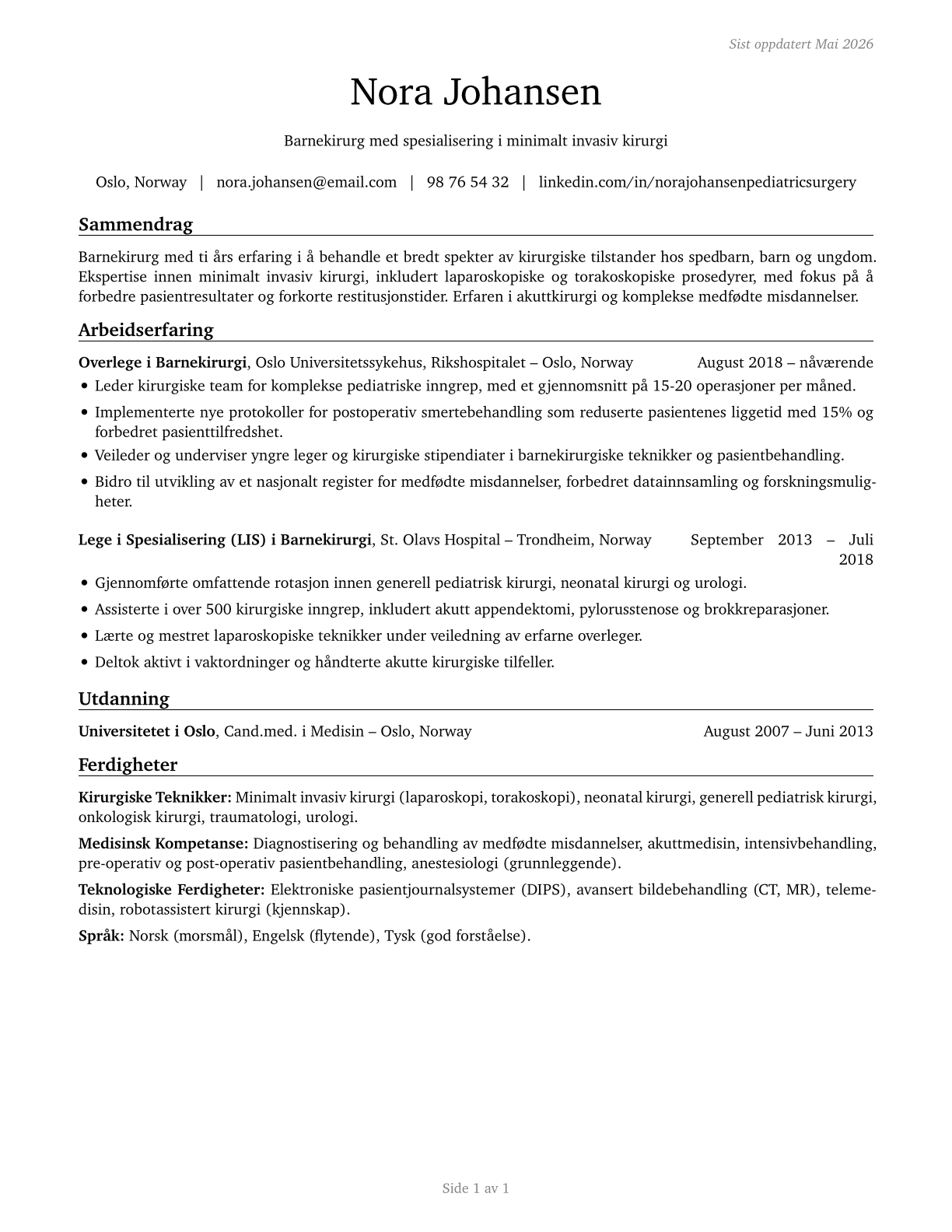 Pediatric Surgeons CV in Norwegian_bokmal — page 1