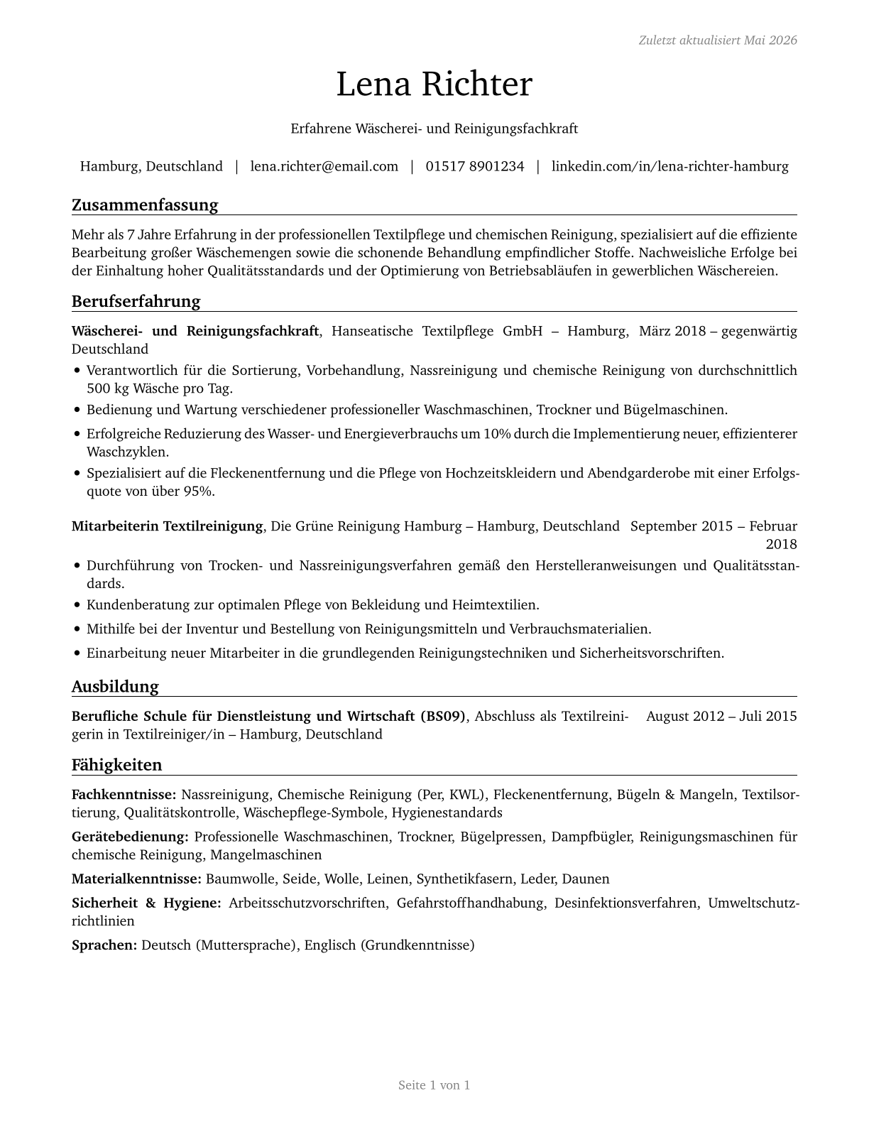 Laundry and Dry-Cleaning Workers CV in German — page 1