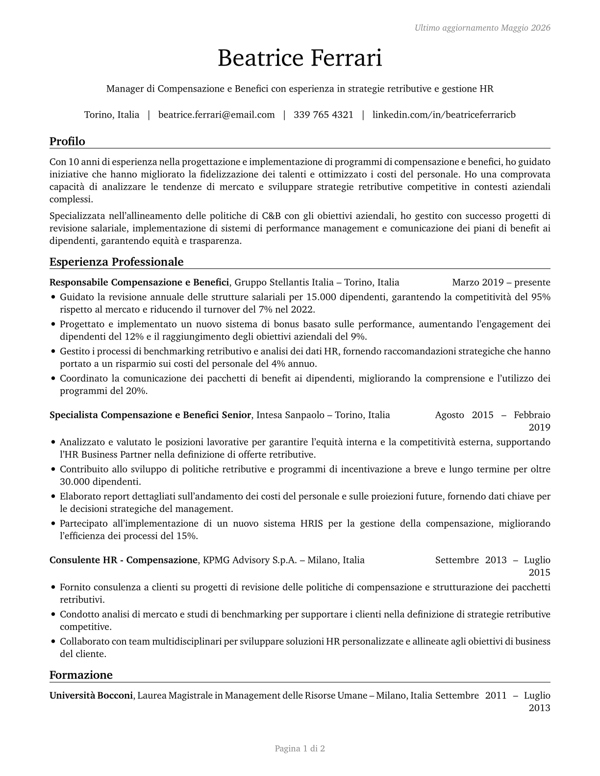 Compensation and Benefits Managers CV in Italian — page 1