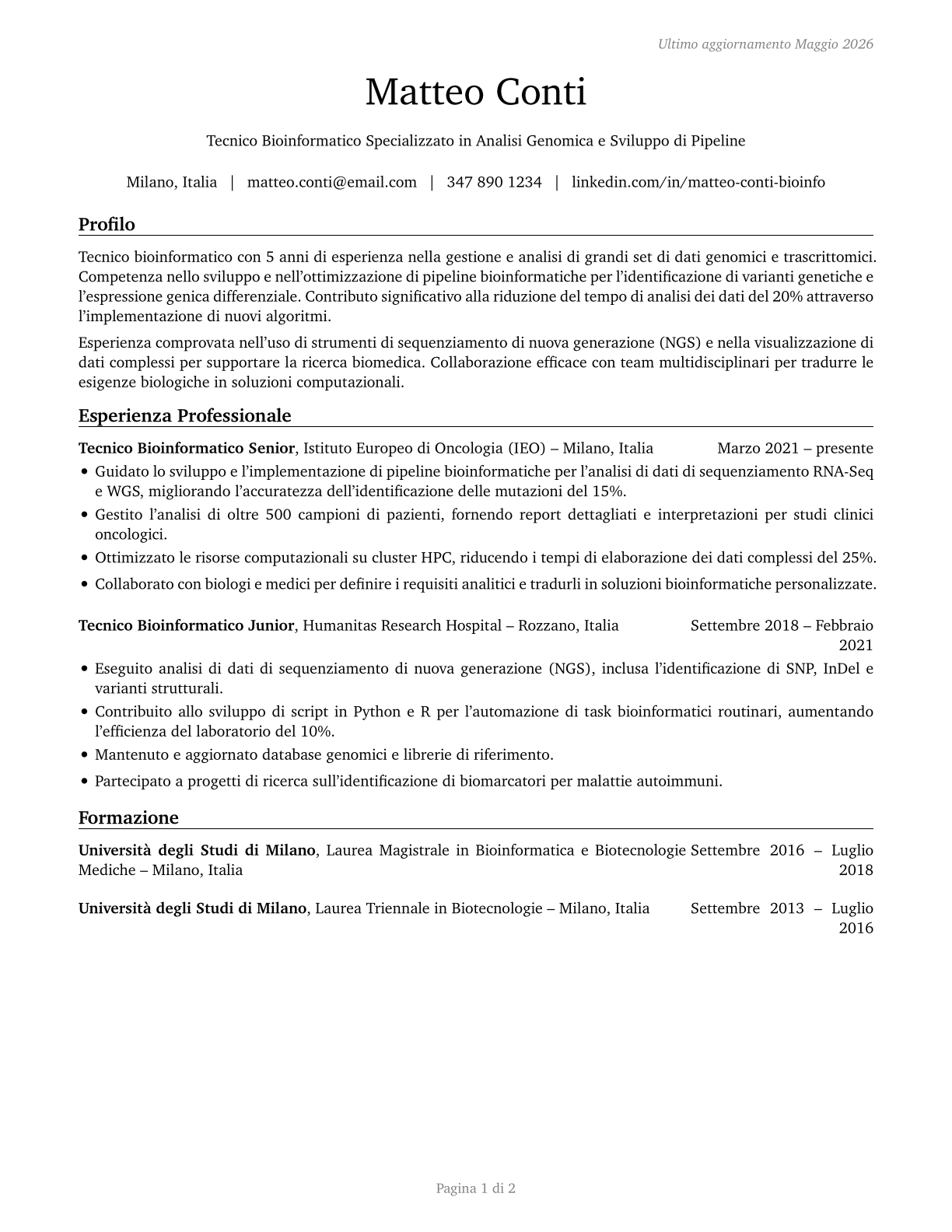 Bioinformatics Technicians CV in Italian — page 1