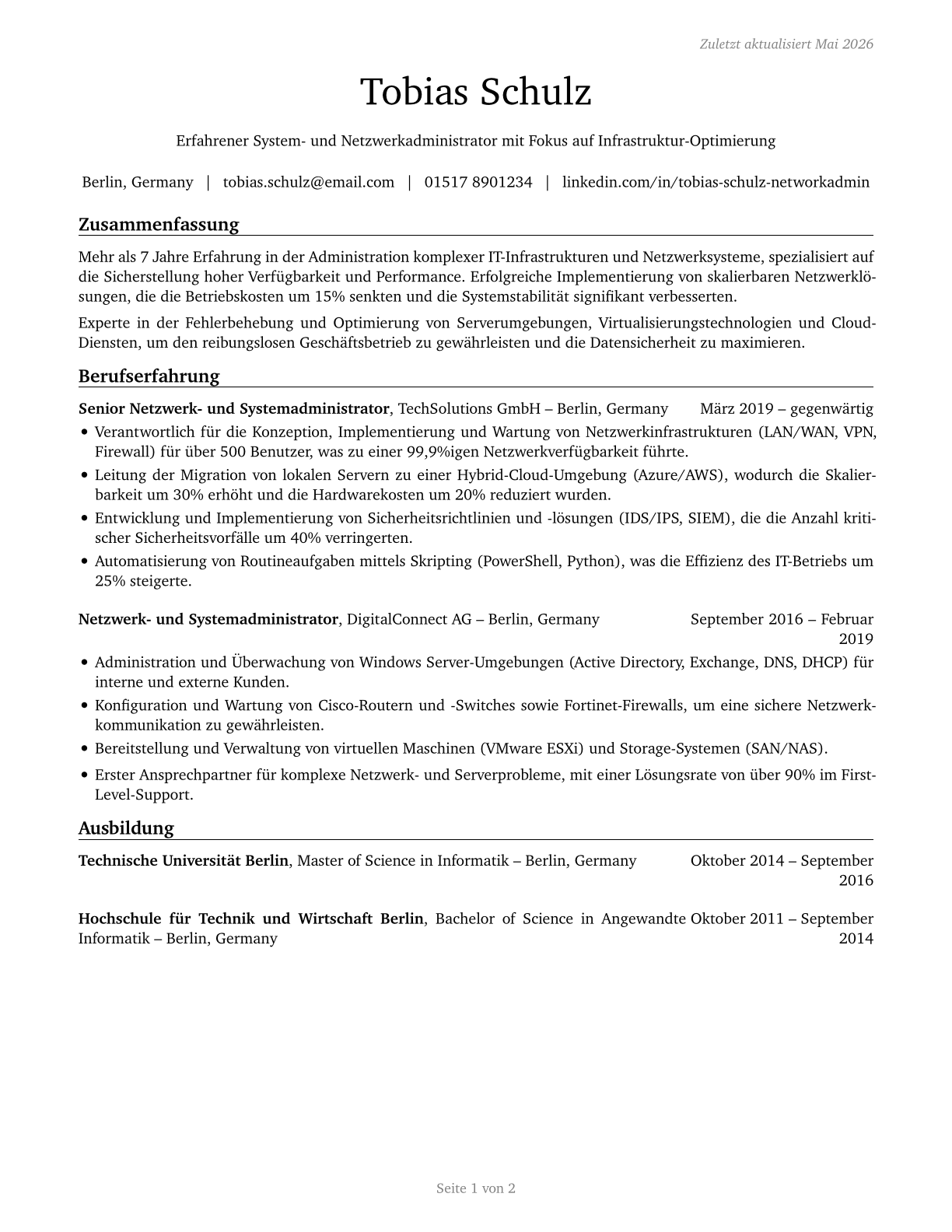 Network and Computer Systems Administrators CV in German — page 1
