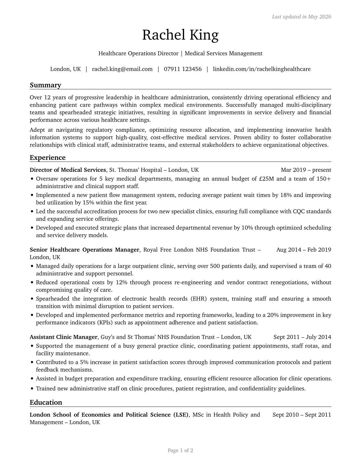 Medical and Health Services Managers CV in English — page 1